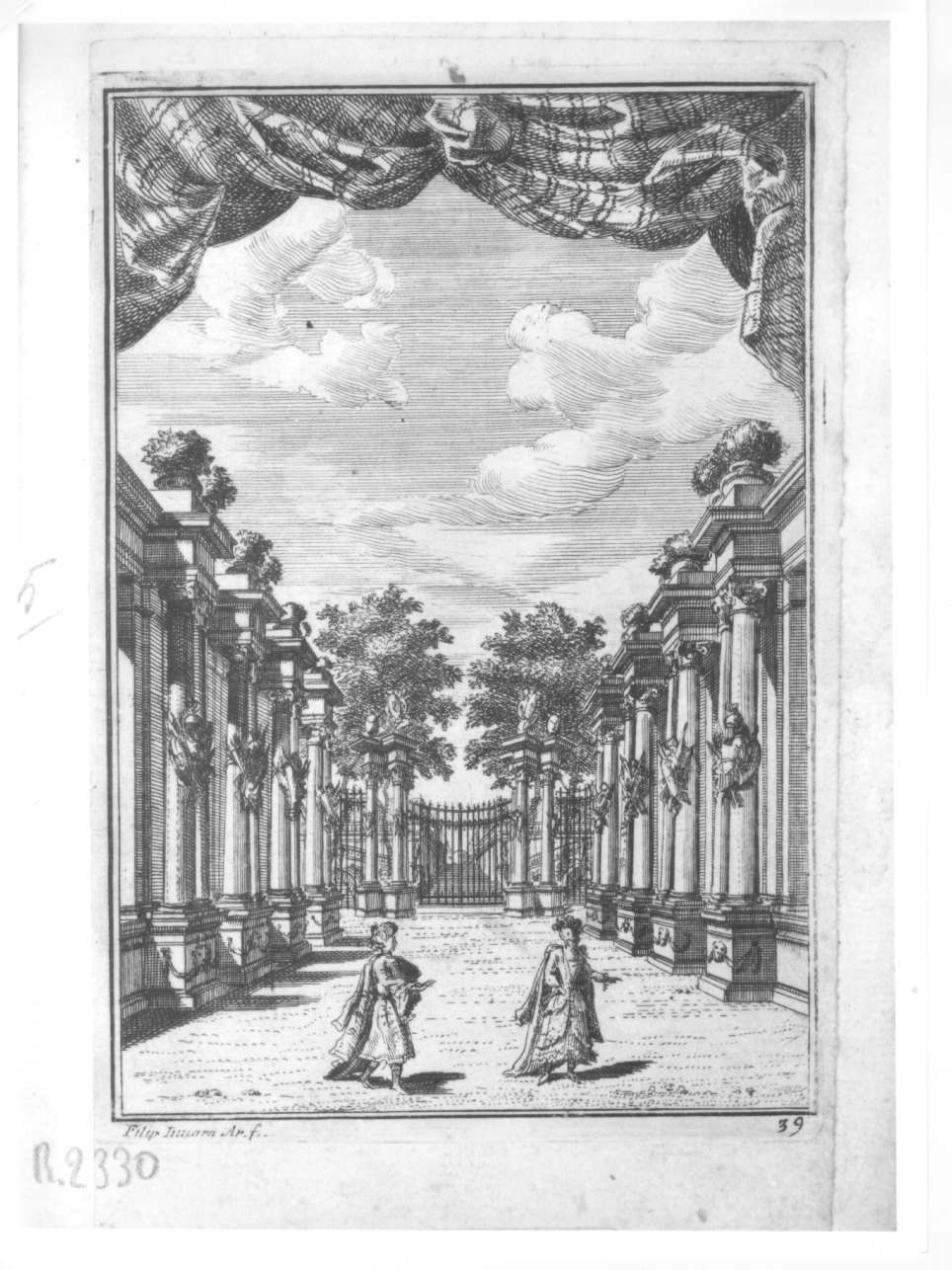 SCENARIO PER IL MELODRAMMA "TEODOSIO IL GIOVANE" (1711), scenografia teatrale per l'opera Teodosio il Giovane (stampa tagliata, elemento d'insieme) di Juvarra Filippo (primo quarto sec. XVIII)