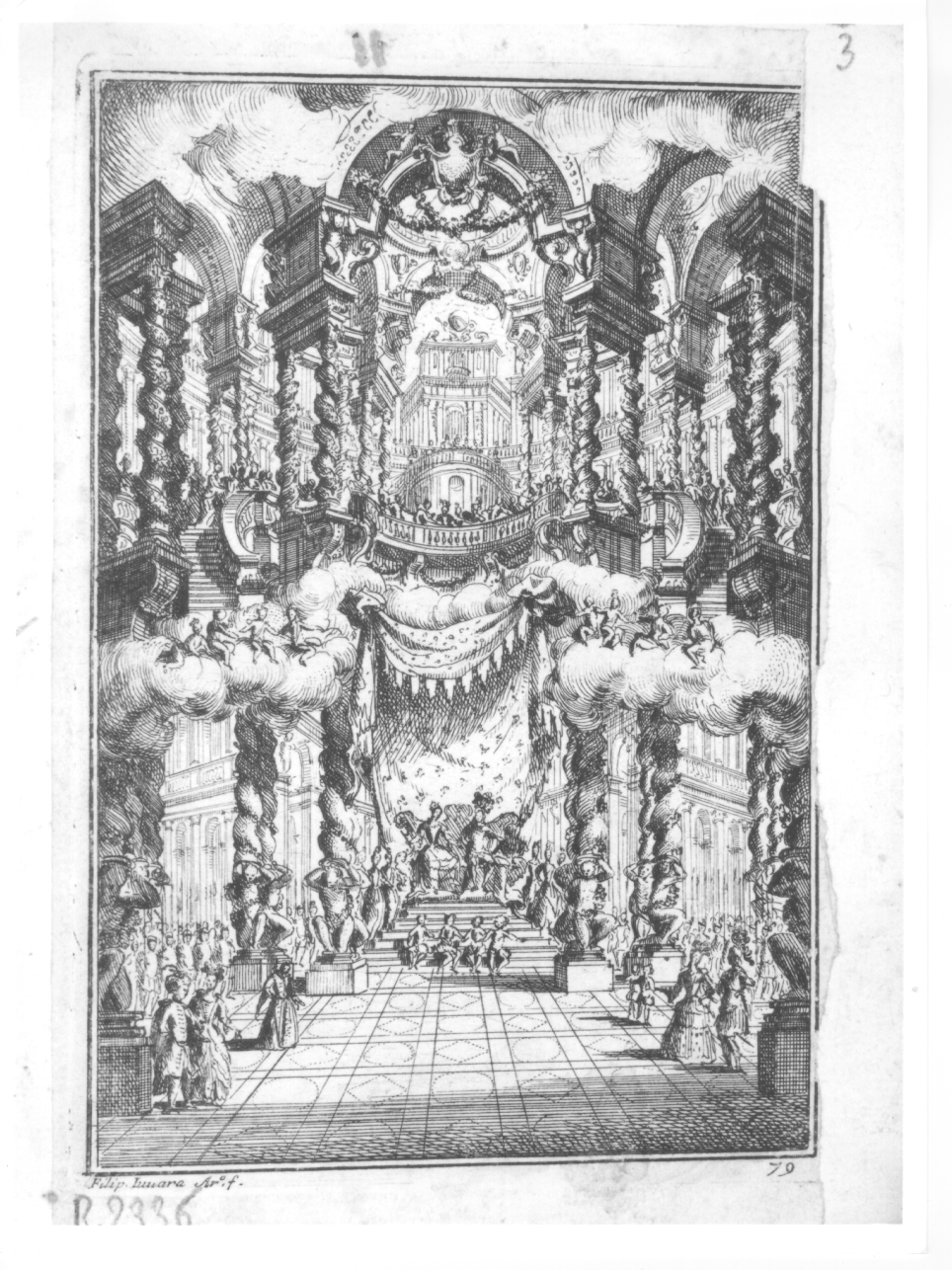 SCENARIO PER IL MELODRAMMA "TEODOSIO IL GIOVANE" (1711), scenografia teatrale per l'opera Teodosio il Giovane (stampa tagliata, elemento d'insieme) di Juvarra Filippo (primo quarto sec. XVIII)