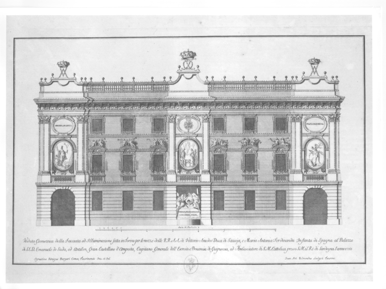 facciata del palazzo dell'ambasciata spagnola di Torino (stampa) di Birago di Borgaro Ignazio, Belmond Giovanni Antonio (metà sec. XVIII)