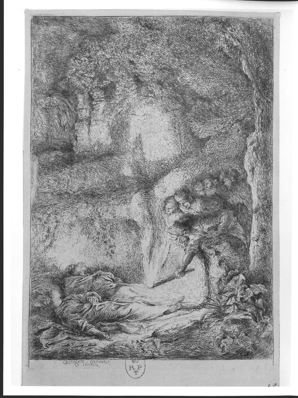 ritrovamento dei corpi di San Pietro di San Paolo (stampa) di Castiglione Giovanni Benedetto detto Grechetto (metà sec. XVII)
