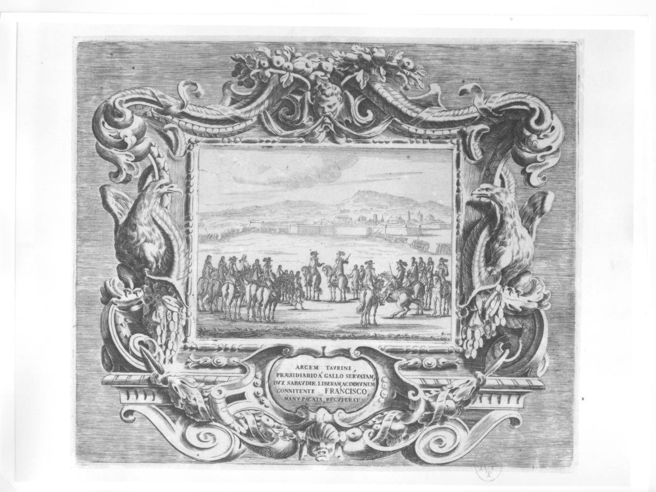 Francesco I d'Este fa restituire la cittadella di Torino a Carlo Emanuele II di Savoia (stampa, elemento d'insieme) di Fenis Bartolomeo (seconda metà sec. XVII)