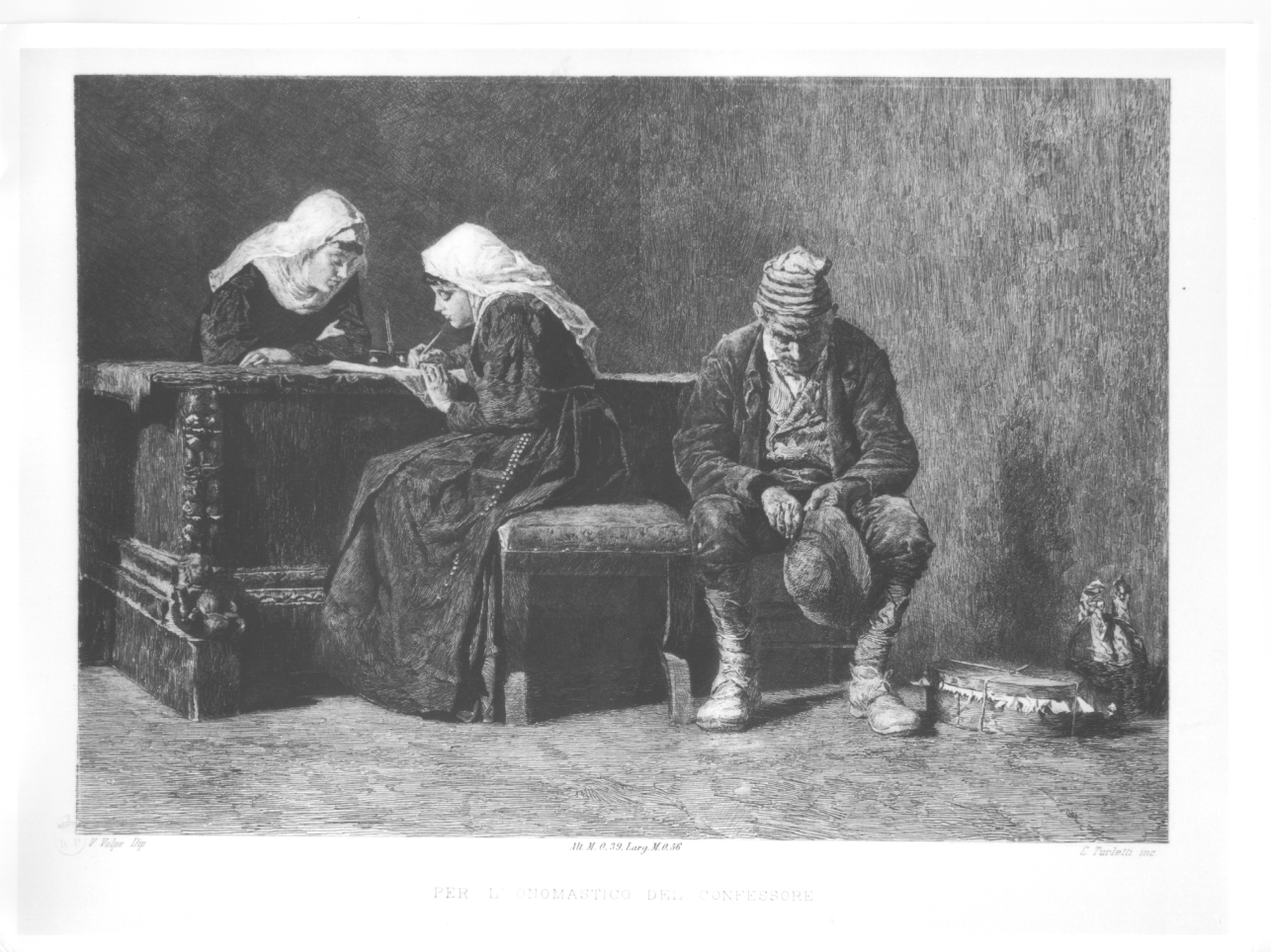 monache e uomo in un interno (stampa) di Turletti Celestino, Volpe Vincenzo (seconda metà sec. XIX)