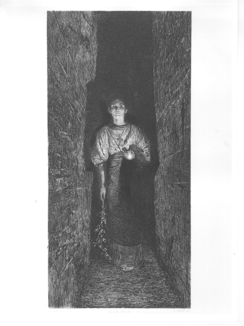 CATACOMBA, figura femminile entro catacomba (stampa) di Turletti Celestino (seconda metà sec. XIX)