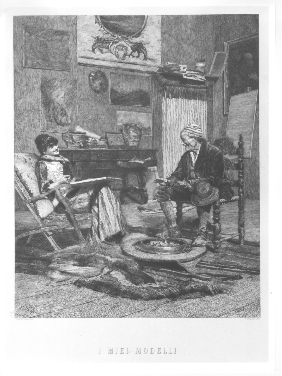 pittrice nello studio con uomo anziano (stampa) di Turletti Celestino, Volpe Vincenzo (seconda metà sec. XIX)