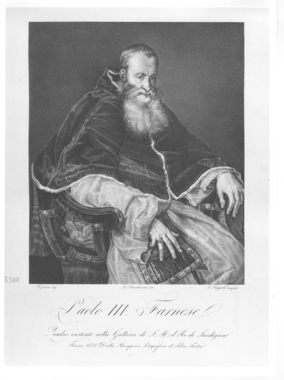 ritratto di papa Paolo III (stampa) di Vecellio Tiziano, Boucheron Angelo Michele, Poggioli Luigi (secondo quarto sec. XIX)