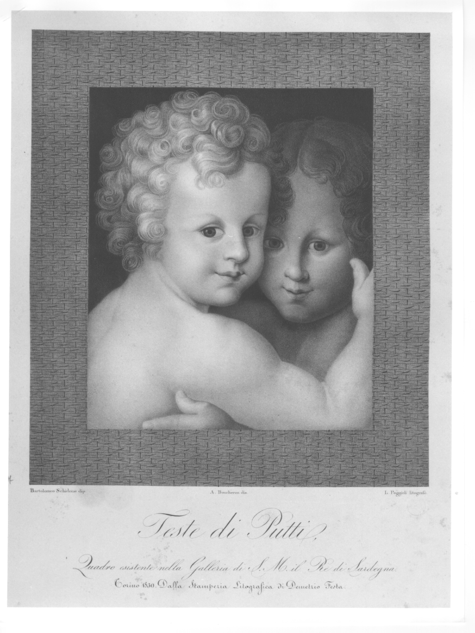 due putti che si abbracciano (stampa) di Schedoni Bartolomeo, Boucheron Angelo Michele, Poggioli Luigi (secondo quarto sec. XIX)