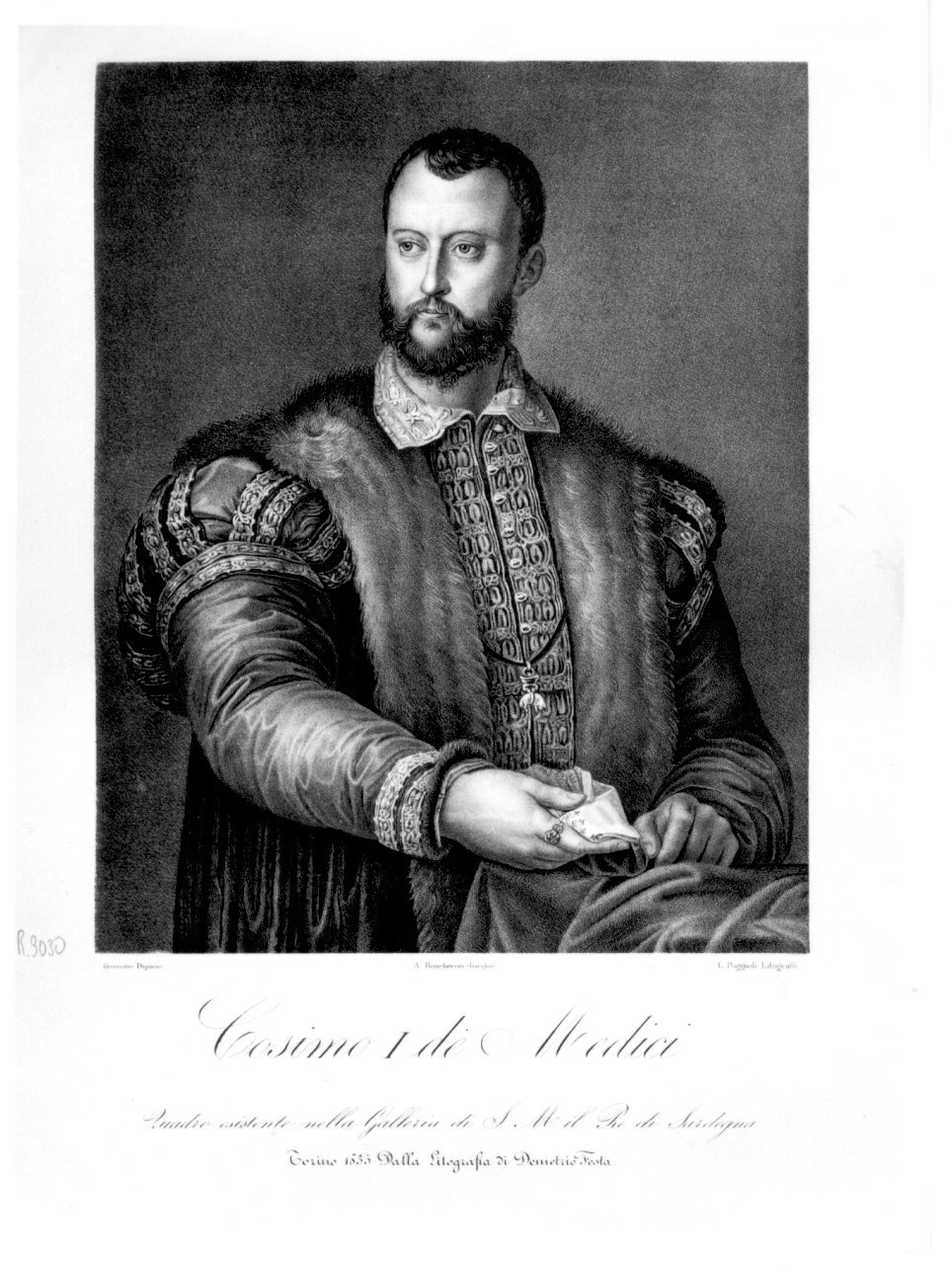ritratto a mezza figura di Cosimo I de' Medici (stampa) di Agnolo di Cosimo detto Bronzino, Boucheron Angelo Michele, Poggioli Luigi (secondo quarto sec. XIX)