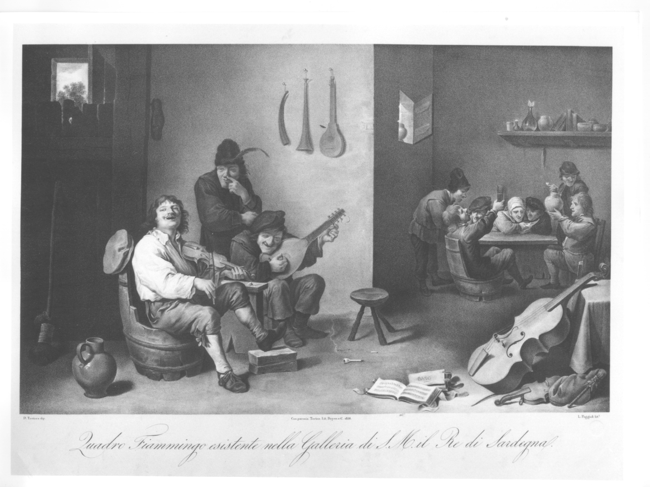Musicanti all'osteria, interno di osteria con figure (stampa) di Teniers David, Poggioli Luigi (secondo quarto sec. XIX)