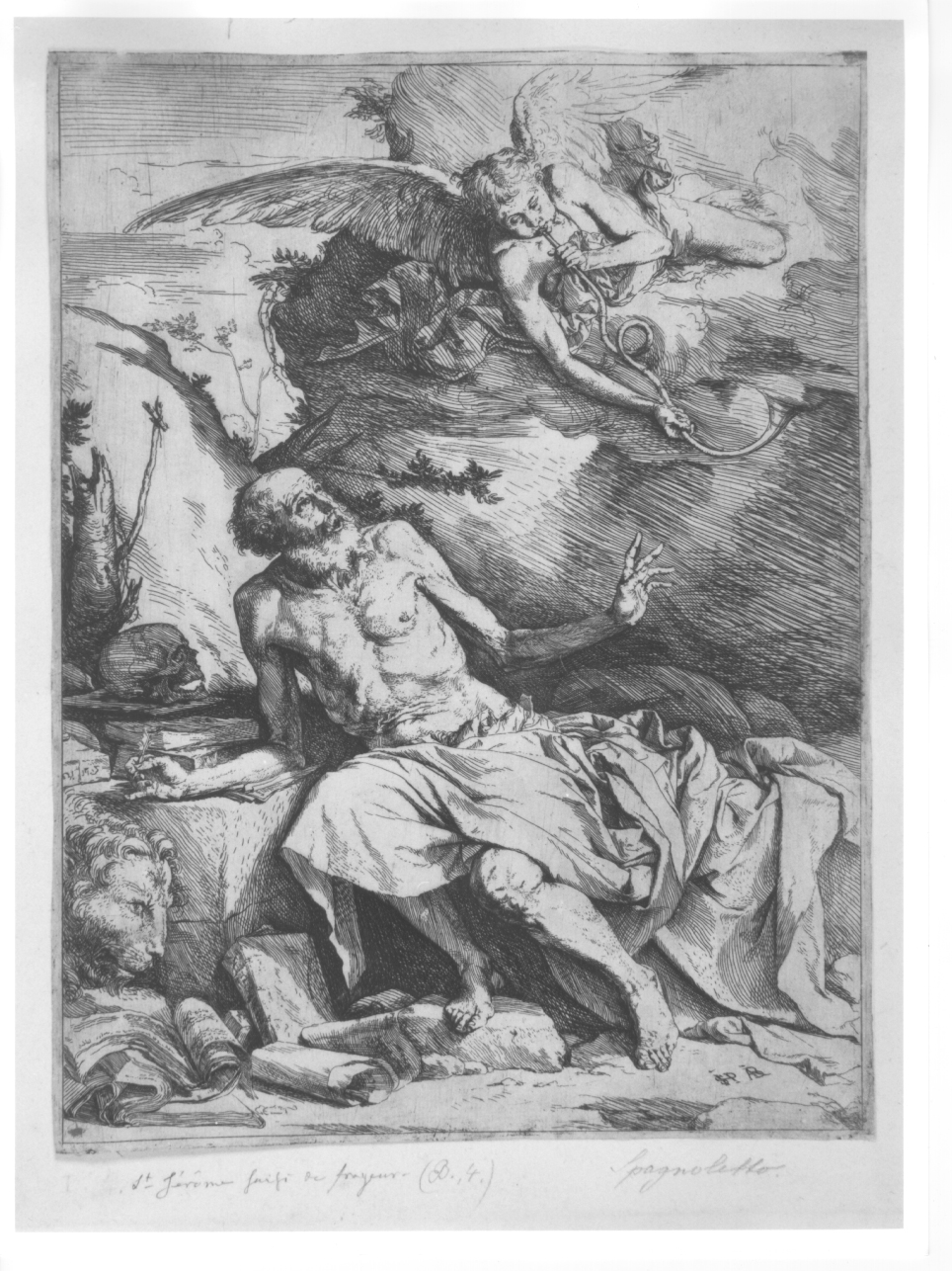 San Girolamo e l'angelo, San Girolamo e angelo che suona la tromba del Giudizio (stampa) di De Ribera Jusepe detto Spagnoletto (prima metà sec. XVII)