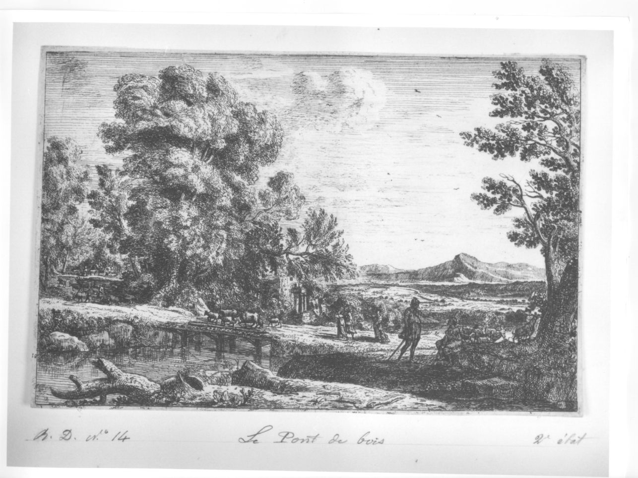 paesaggio con ponte, pastori e bestiame (stampa) di Gellée Claude detto Claude Lorrain (metà sec. XVII)