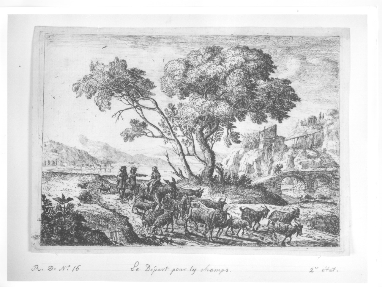 paesaggio rurale con figure e animali (stampa) di Gellée Claude detto Claude Lorrain (metà sec. XVII)