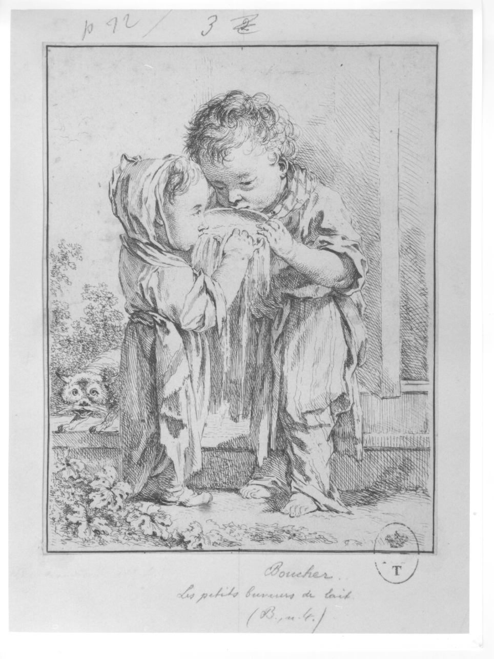 due bambini che devono latte da una ciotola (stampa) di Boucher François (metà sec. XVIII)