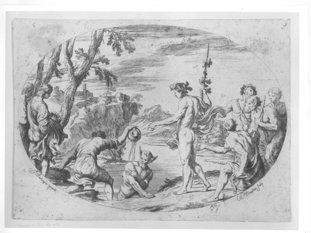 BATTESIMO DEL RE MIDA, Mida e Bacco (stampa) di Dauphin Oliviero, Boulanger Giovanni (terzo quarto sec. XVII)