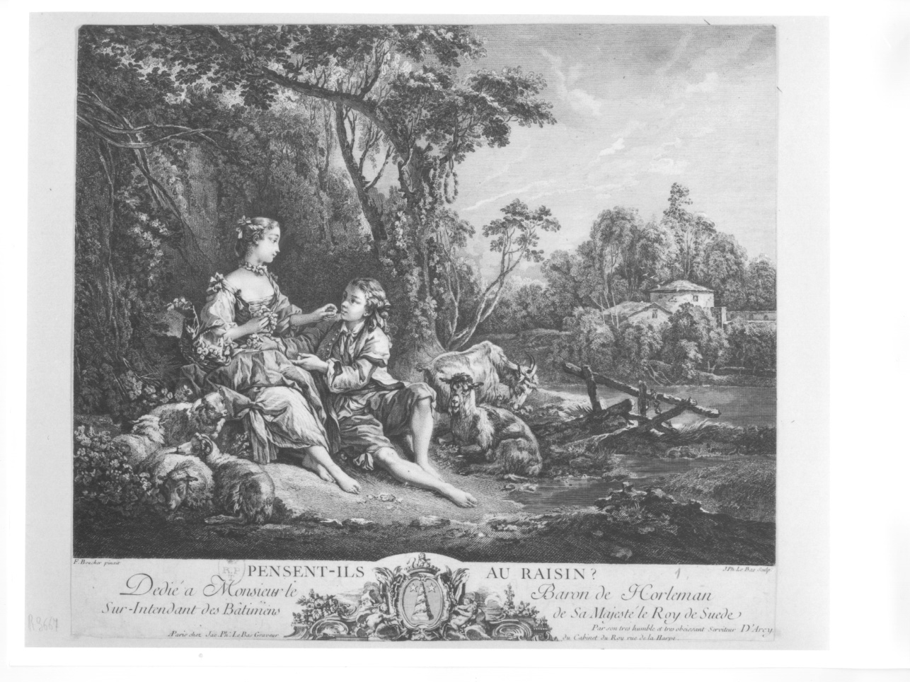 paesaggio con figure e animali (stampa) di Boucher François, Le Bas Jacques Philippe (metà sec. XVIII)
