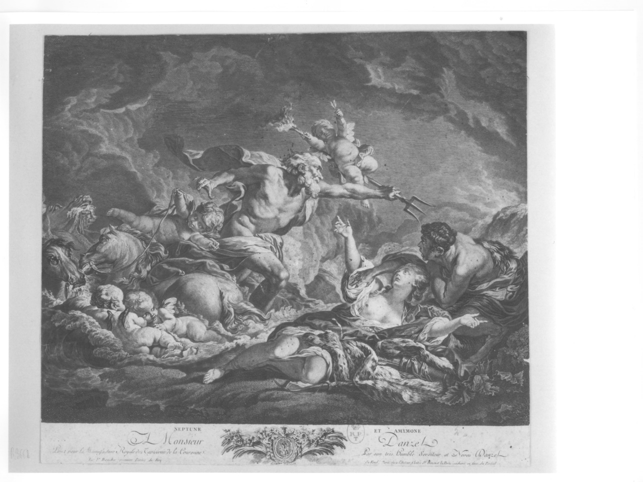Nettuno e Amimone, Nettuno salva Amimone dal satiro (stampa) di Boucher François (metà sec. XVIII)