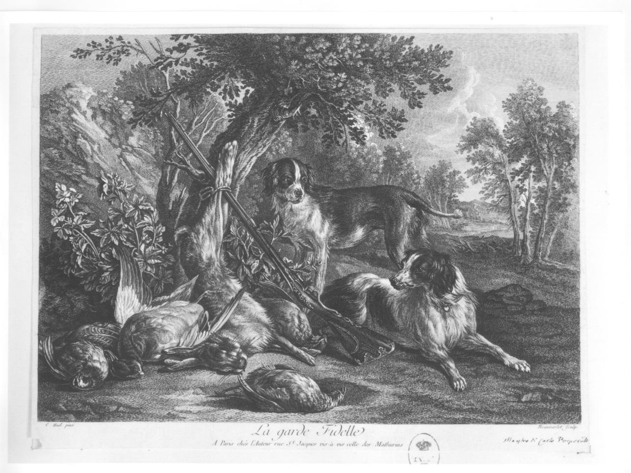 cani e cacciagione con fucile (stampa) di Beauvarlet Jacques Firmin (seconda metà sec. XVIII)