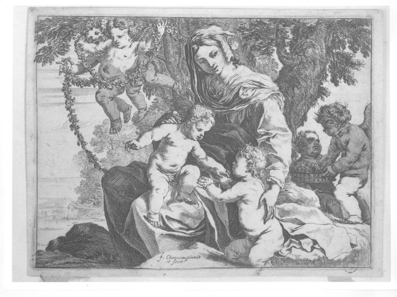 La Madonna con bimbo e angeli, Madonna con Bambino e angeli (stampa) di Chauveau François (metà sec. XVII)