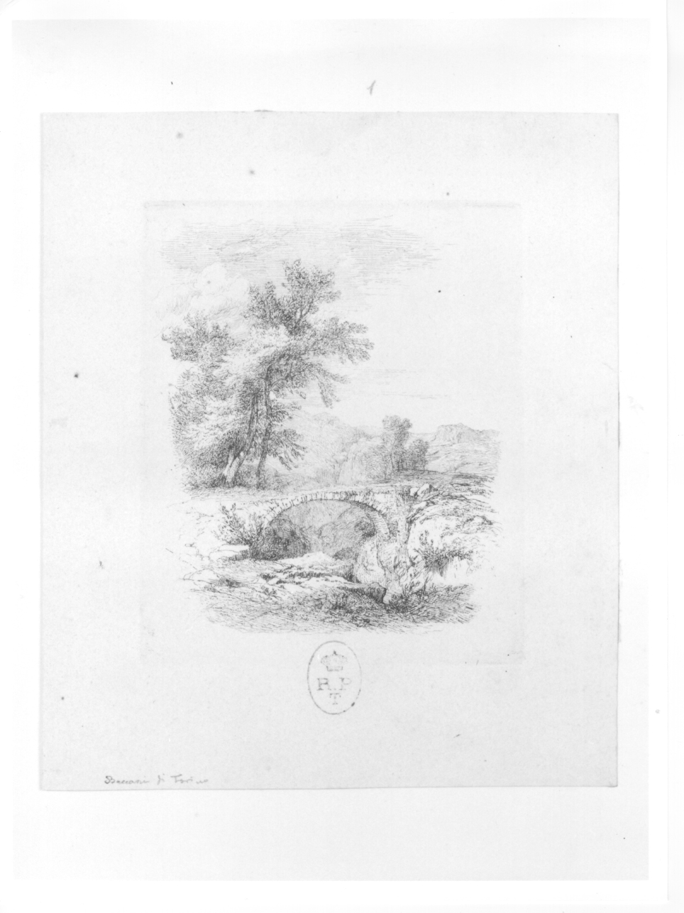 Il ponte, paesaggio con alberi e ponte (stampa) di Beccaria Angelo (sec. XIX)
