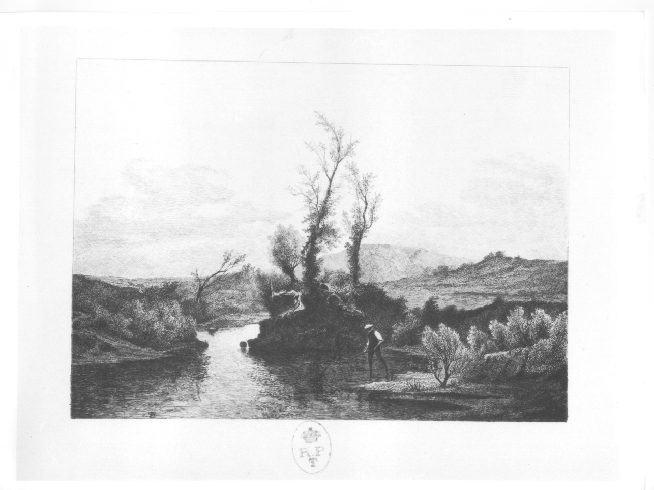Pescatore, paesaggio fluviale con pescatore (stampa) di Breme Arborio Gattinara Ferdinando (terzo quarto sec. XIX)