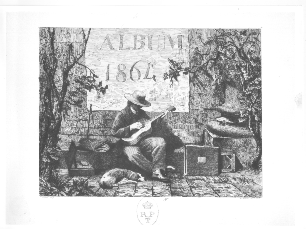 Frontespizio: suonatore di chitarra, frontespizio con suonatore di chitarra (stampa) di Breme Arborio Gattinara Ferdinando (terzo quarto sec. XIX)