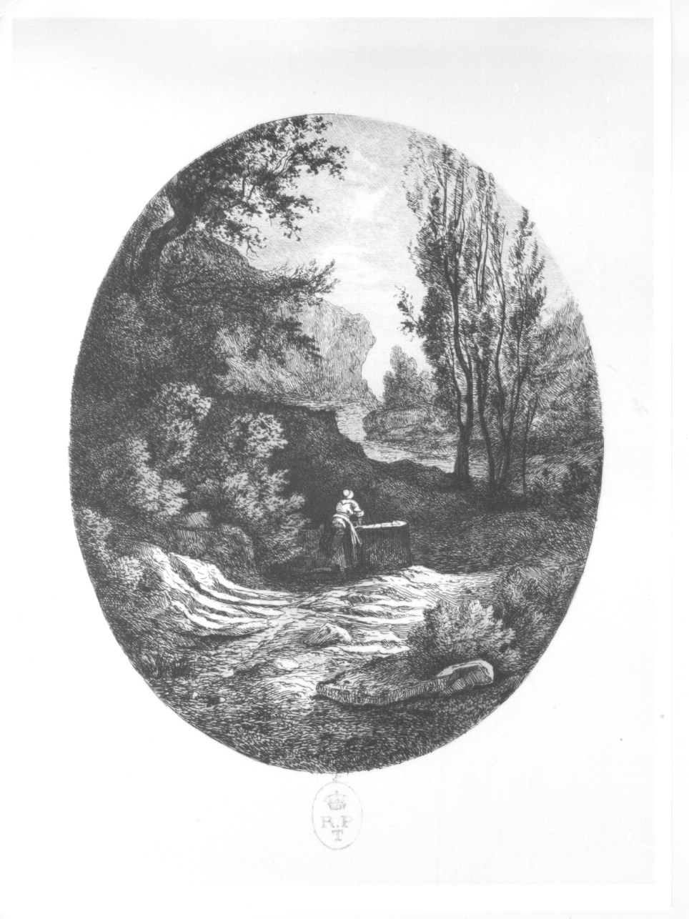 La lavandaia, paesaggio con figura femminile (stampa) di Breme Arborio Gattinara Ferdinando (terzo quarto sec. XIX)