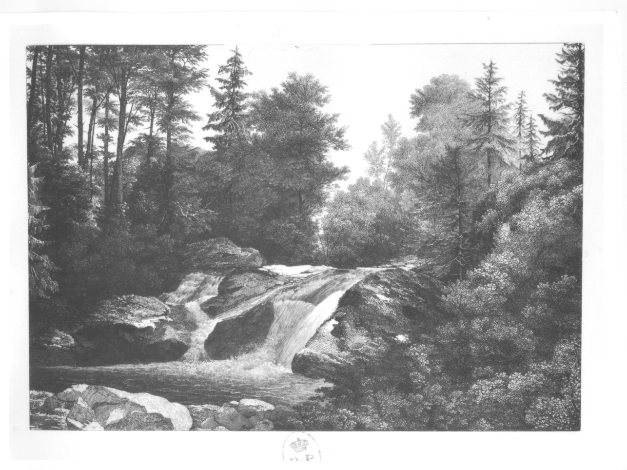 La cascata, paesaggio con cascata (stampa) di Lauro Agostino (sec. XIX)