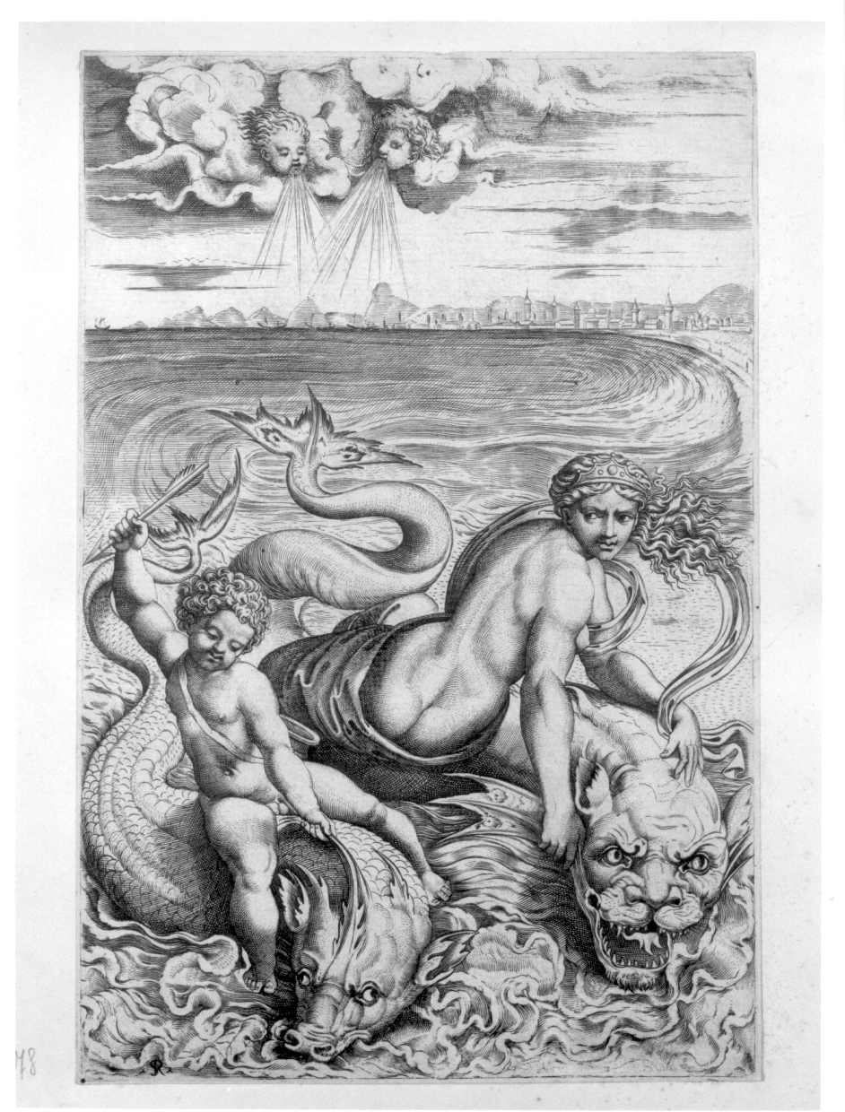 Venere ed Amore su due delfini, Venere e Cupido (stampa) di Dente Marco detto Marco da Ravenna (prima metà sec. XVI)