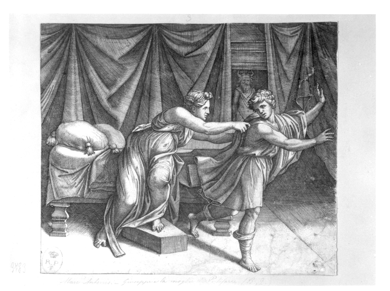Giuseppe e la moglie di Putifarre, Giuseppe e la moglie di Putifarre (stampa) di Raimondi Marcantonio (prima metà sec. XVI)