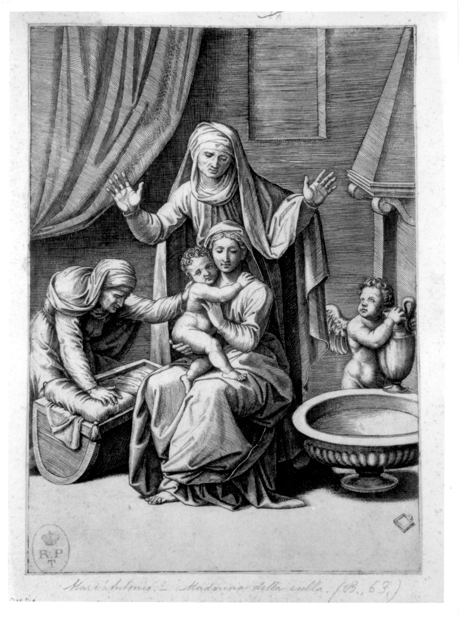 Madonna della culla, Sant'Anna con la Madonna e Gesù Bambino (stampa) di Raimondi Marcantonio (prima metà sec. XVI)