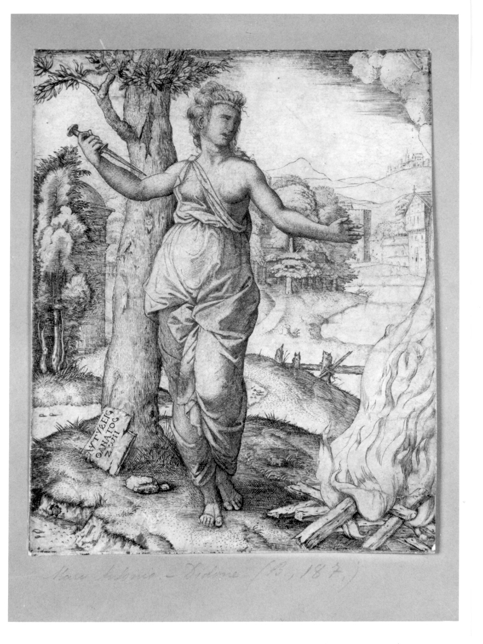 Didone, Didone si trafigge con la spada (stampa) di Raimondi Marcantonio (prima metà sec. XVI)