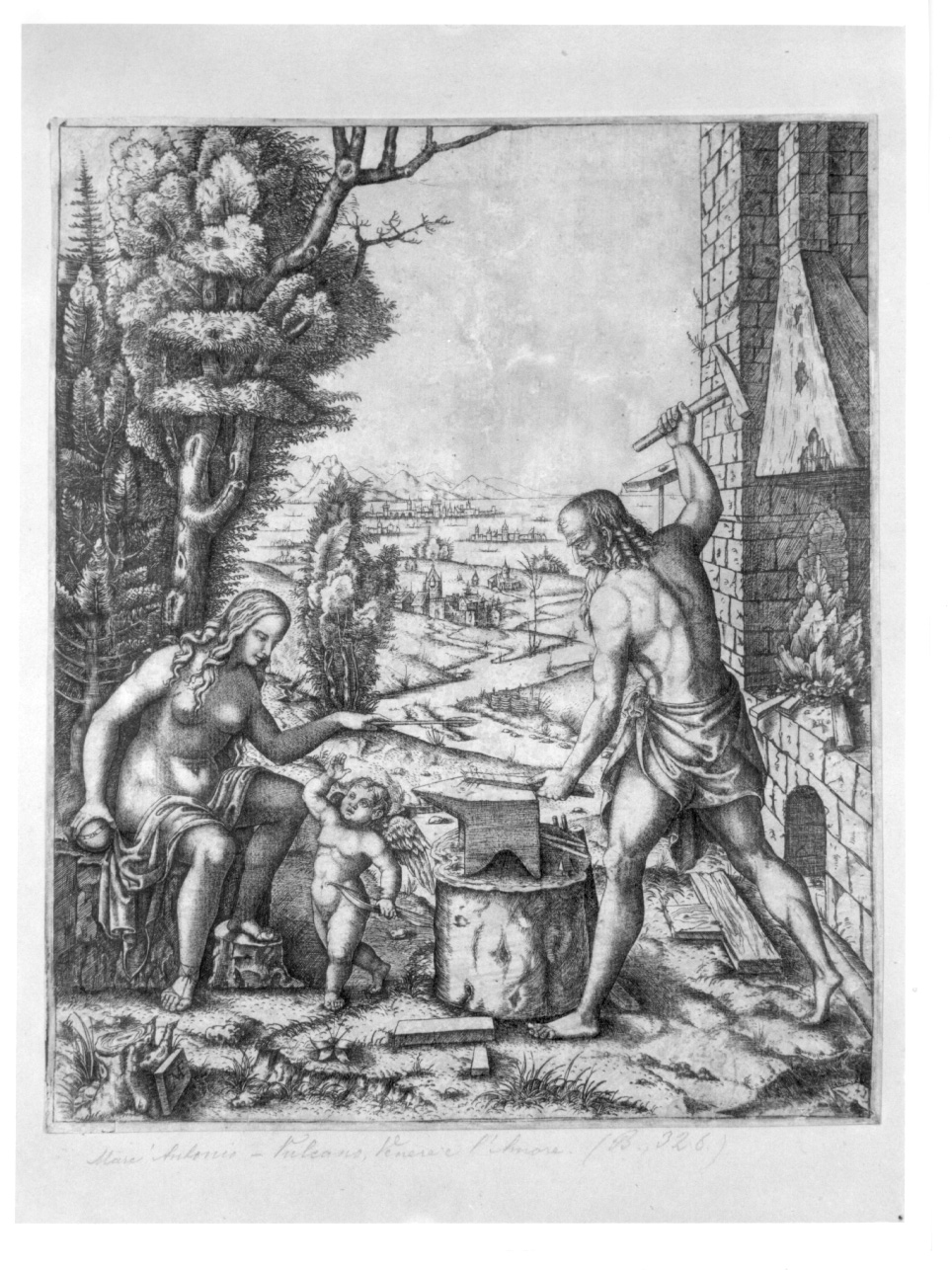 Vulcano, Venere e Amore, Vulcano, Venere e Cupido (stampa) di Raimondi Marcantonio (prima metà sec. XVI)