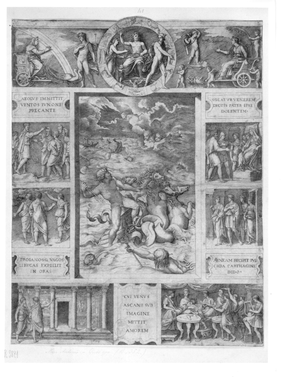 Quos ego, Nettuno placa la tempesta dopo il naufragio di Enea e episodi dell'Eneide (stampa) di Raimondi Marcantonio, Sanzio Raffaello (prima metà sec. XVI)