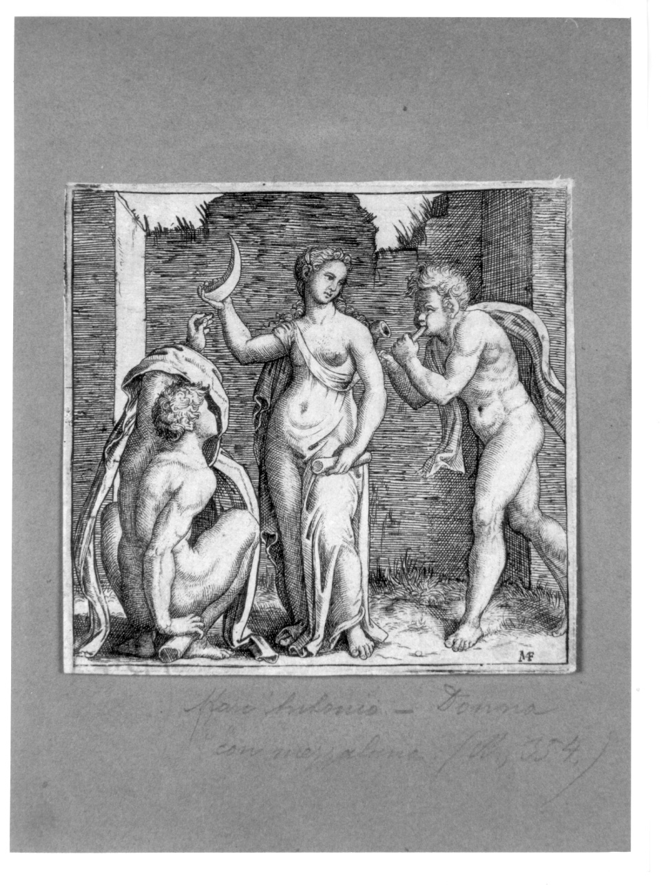 Donna con mezza luna, figure allegoriche (stampa) di Raimondi Marcantonio (prima metà sec. XVI)