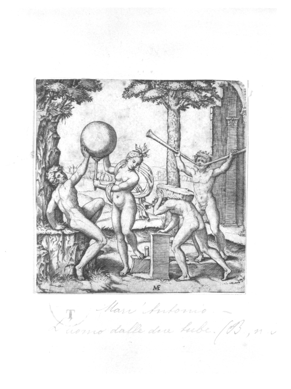 L'uomo con le due tube, figure allegoriche (stampa) di Raimondi Marcantonio (prima metà sec. XVI)