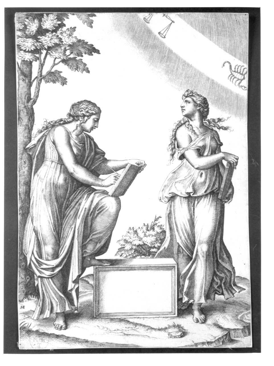 La Sibilla con lo zodiaco, figure allegoriche femminili e segni zodiacali (stampa) di Raimondi Marcantonio (prima metà sec. XVI)