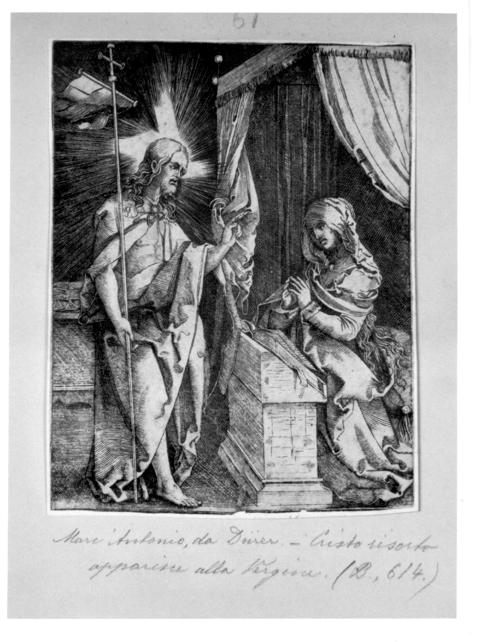 Cristo risorto appare alla Vergine, apparizione di Cristo risorto alla Madonna (stampa) di Raimondi Marcantonio, Durer Albrecht (prima metà sec. XVI)