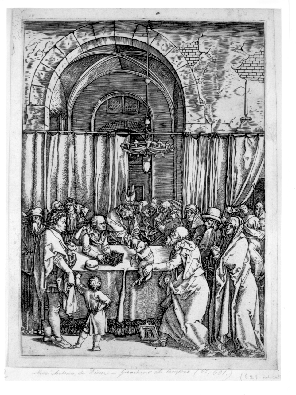 Gioacchino al tempio, Sommo sacerdote rifiuta il sacrificio di Sant'Anna e San Gioacchino (stampa) di Raimondi Marcantonio, Durer Albrecht (prima metà sec. XVI)