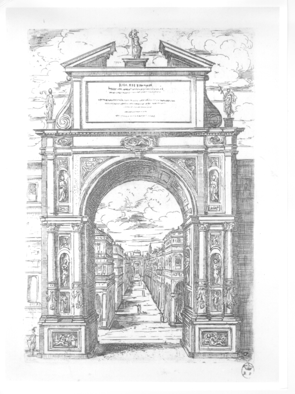 arco di trionfo con statua raffigurante la città di Bologna, arco di trionfo con statua raffigurante la città di Bologna (stampa, elemento d'insieme) di Reni Guido (secc. XVI/ XVII)