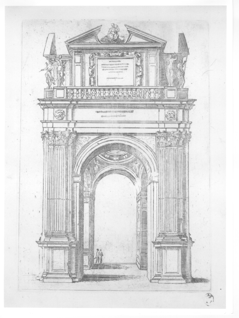 un arco di trionfo con cinque statue, arco di trionfo con cinque statue (stampa, elemento d'insieme) di Reni Guido (secc. XVI/ XVII)