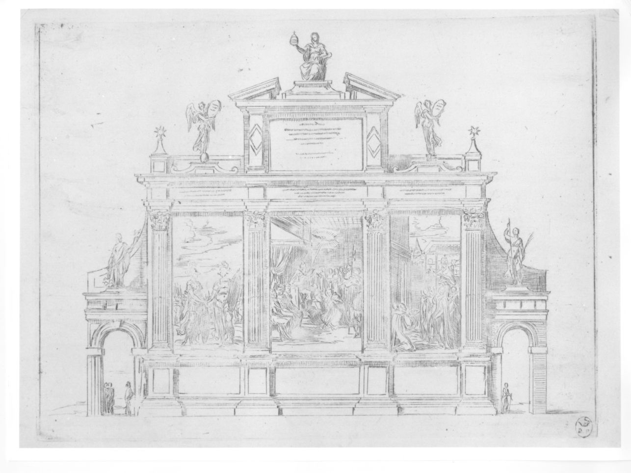 apparato cerimoniale per l'arrivo di Clemente VIII, architettura cerimoniale con cinque statue e tre dipinti (stampa, elemento d'insieme) di Reni Guido (secc. XVI/ XVII)
