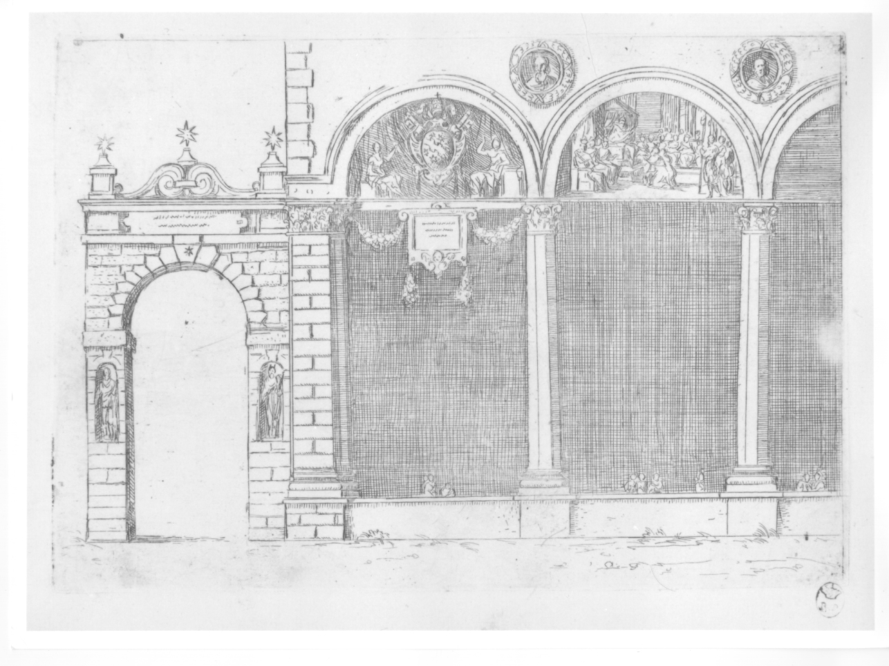 Porticato della chiesa di San Pietro, parte di un porticato di Bologna (stampa, elemento d'insieme) di Reni Guido (secc. XVI/ XVII)