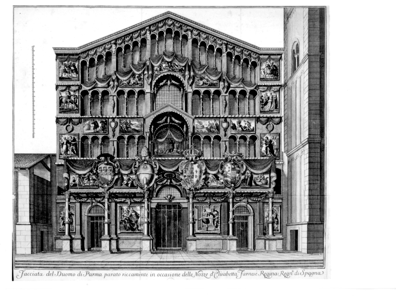 facciata del Duomo di Parma addobbata per le nozze di Elisabetta Farnese, veduta della facciata del Duomo di Parma (stampa, elemento d'insieme) di Francia Francesco Domenico Maria (prima metà sec. XVIII)