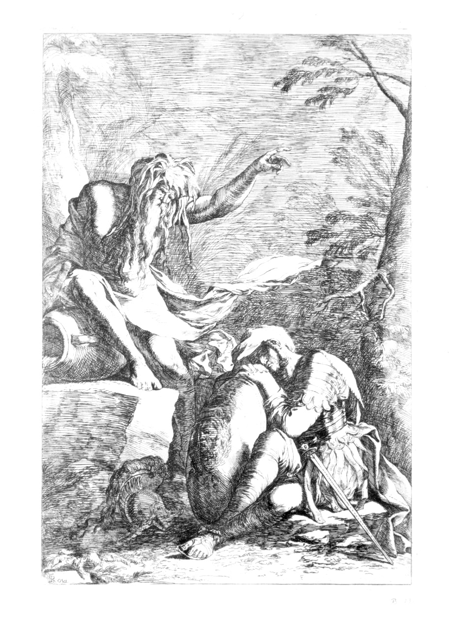 Guerriero dormiente presso un fiumeIl Sogno di Enea, soldato che dorme e personificazione di un fiume (stampa) di Rosa Salvatore (terzo quarto sec. XVII)