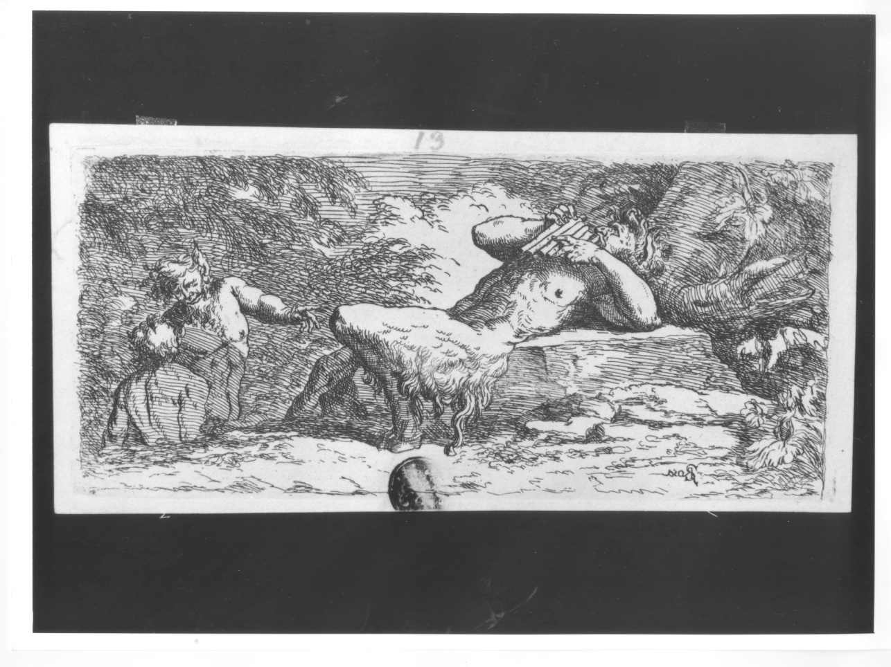 Pan e due fauni, Pan che suona il flauto e due satiri (stampa smarginata) di Rosa Salvatore (terzo quarto sec. XVII)