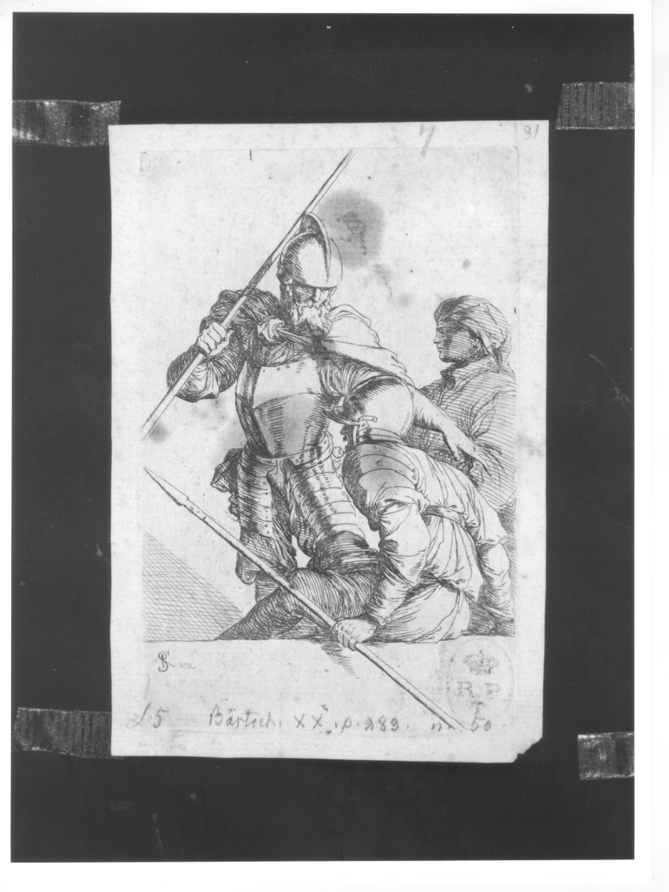 Tre soldati, due soldati e un uomo con turbante (stampa smarginata) di Rosa Salvatore (terzo quarto sec. XVII)