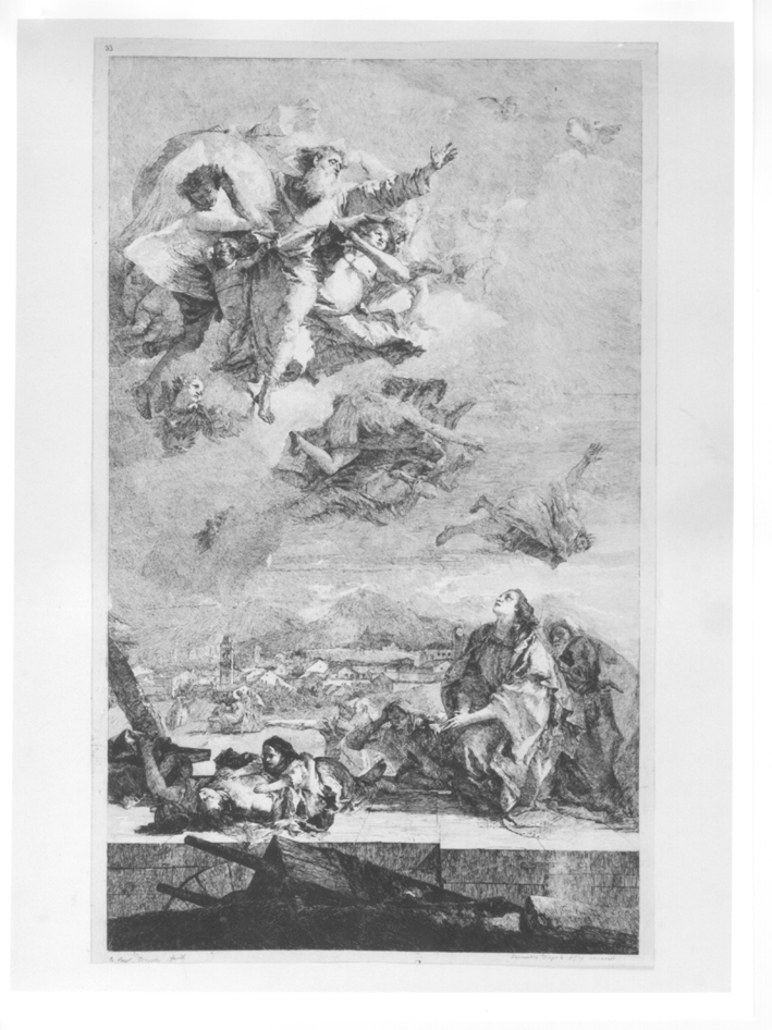 Santa Tecla libera Este dalla pestilenza, Santa Tecla libera Este dalla pestilenza (stampa tagliata) di Tiepolo Giovanni Battista, Tiepolo Lorenzo (seconda metà sec. XVIII)