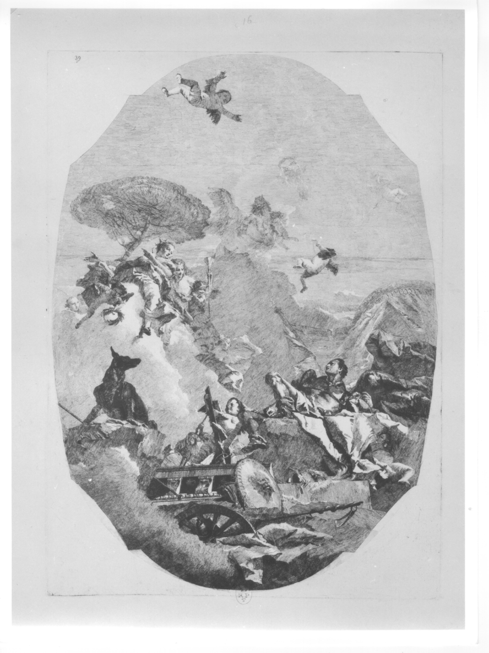 Scena mitologica, Marte e divinità femminile (stampa tagliata) di Tiepolo Giovanni Battista, Tiepolo Lorenzo (terzo quarto sec. XVIII)