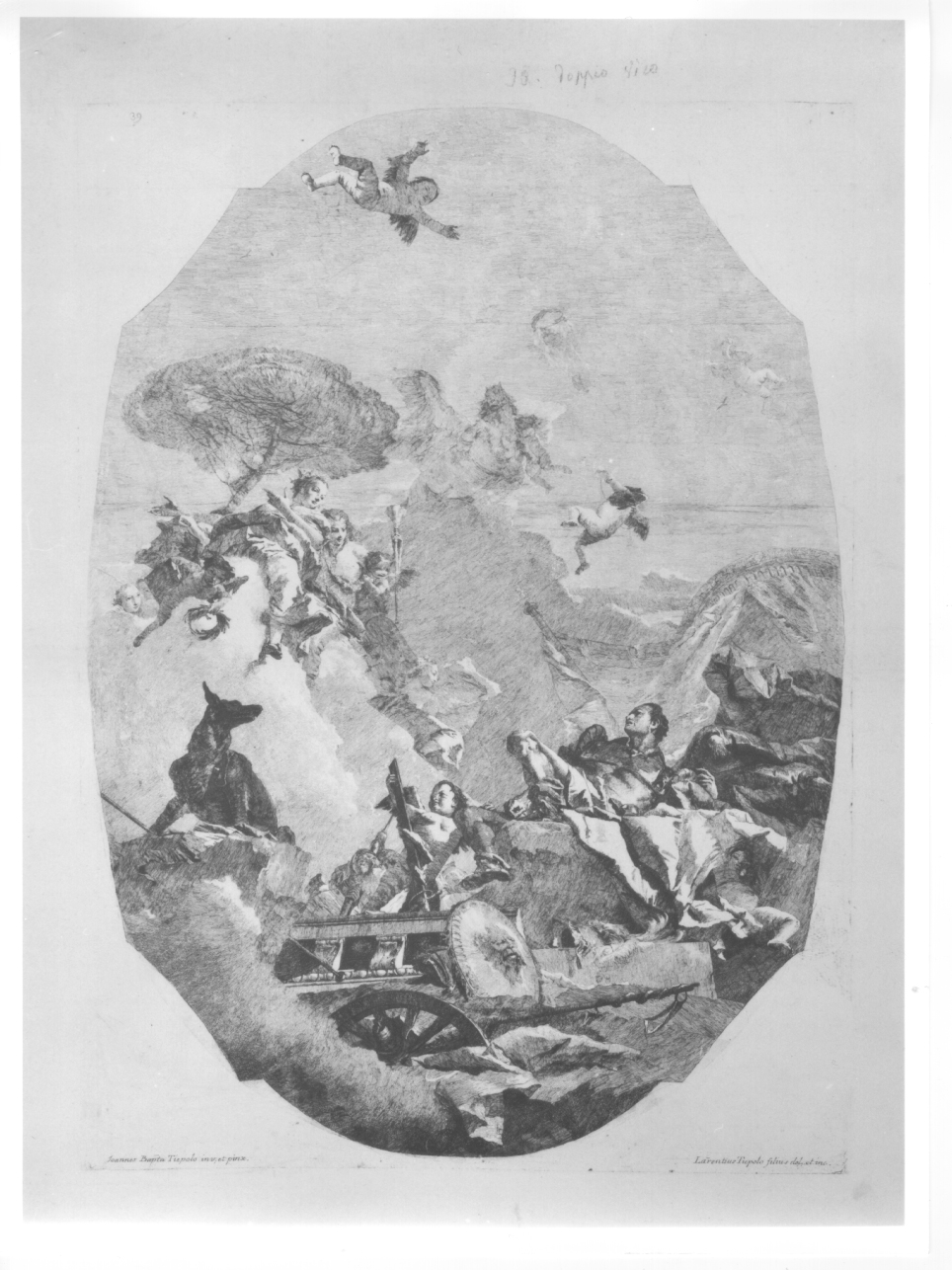scena mitologica, Marte e divinità femminile (stampa) di Tiepolo Giovanni Battista, Tiepolo Lorenzo (terzo quarto sec. XVIII)