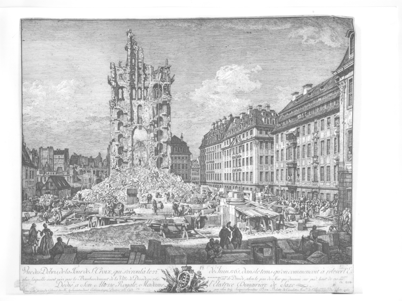 I resti della Kreuzkirche a Dresda, rovine della torre della chiesa di Santa Croce di Dresda (stampa tagliata) di Bellotto Bernardo (terzo quarto sec. XVIII)