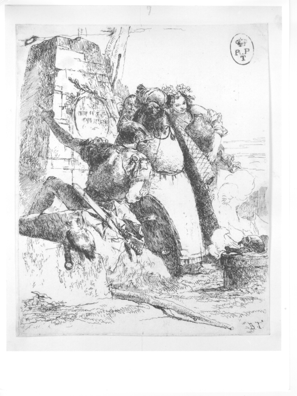 Mago, soldato e due figure osservano un teschio che bruciaSoldato, mago, e altre figure osservano un teschio e una tibia su un altare, Mago, soldato e due figure che osservano un teschio (stampa smarginata) di Tiepolo Giovanni Battista, Tiepolo Gian Domenico (terzo quarto sec. XVIII)